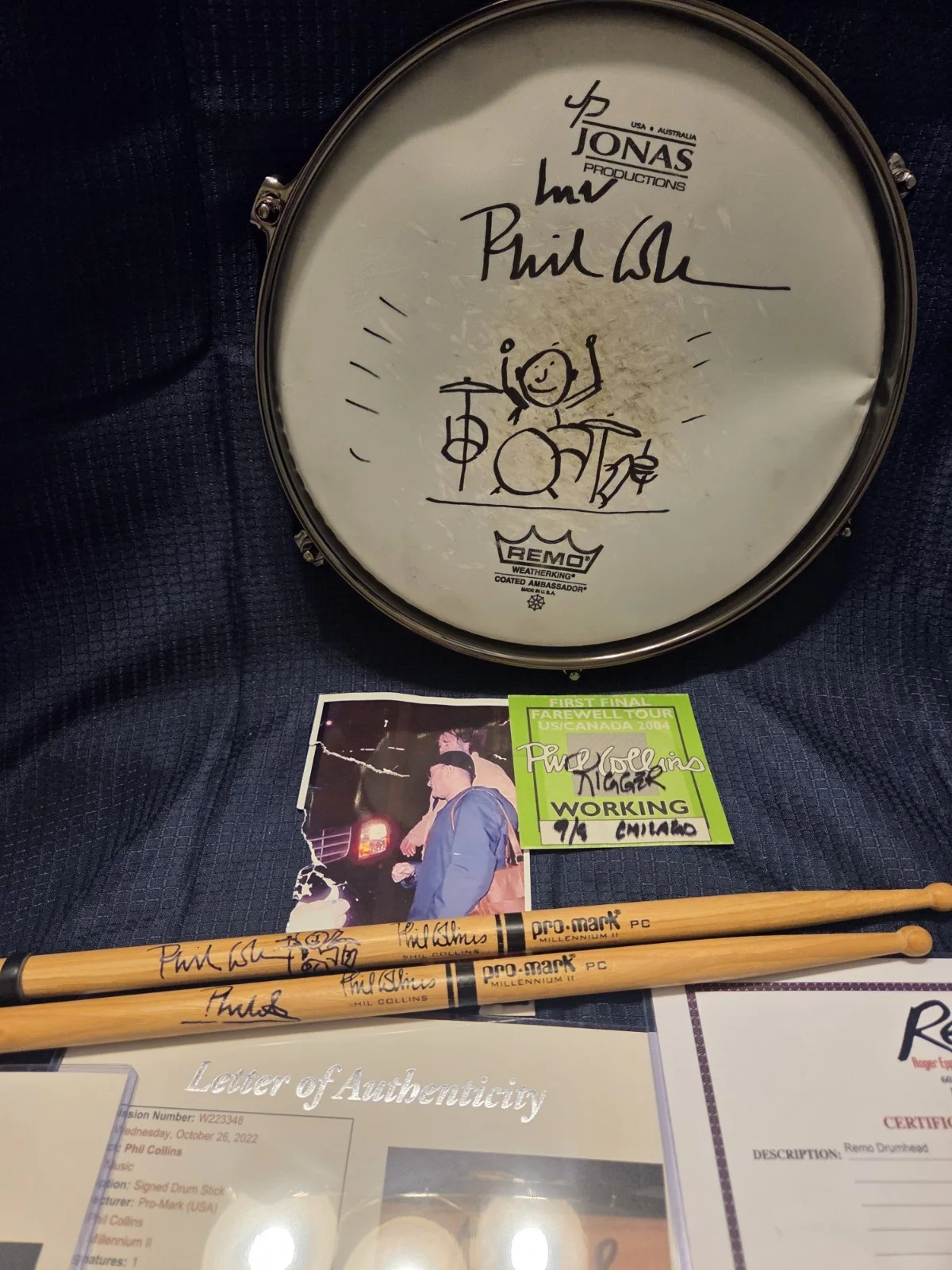 Autographed Phil Collins Drum & Sticks(concert Used) JSA/Epperson Certs, image 2