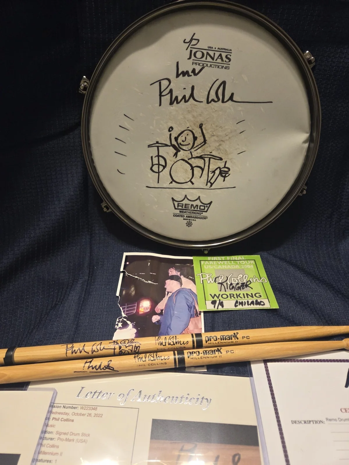 Autographed Phil Collins Drum & Sticks(concert Used) JSA/Epperson Certs, image 3