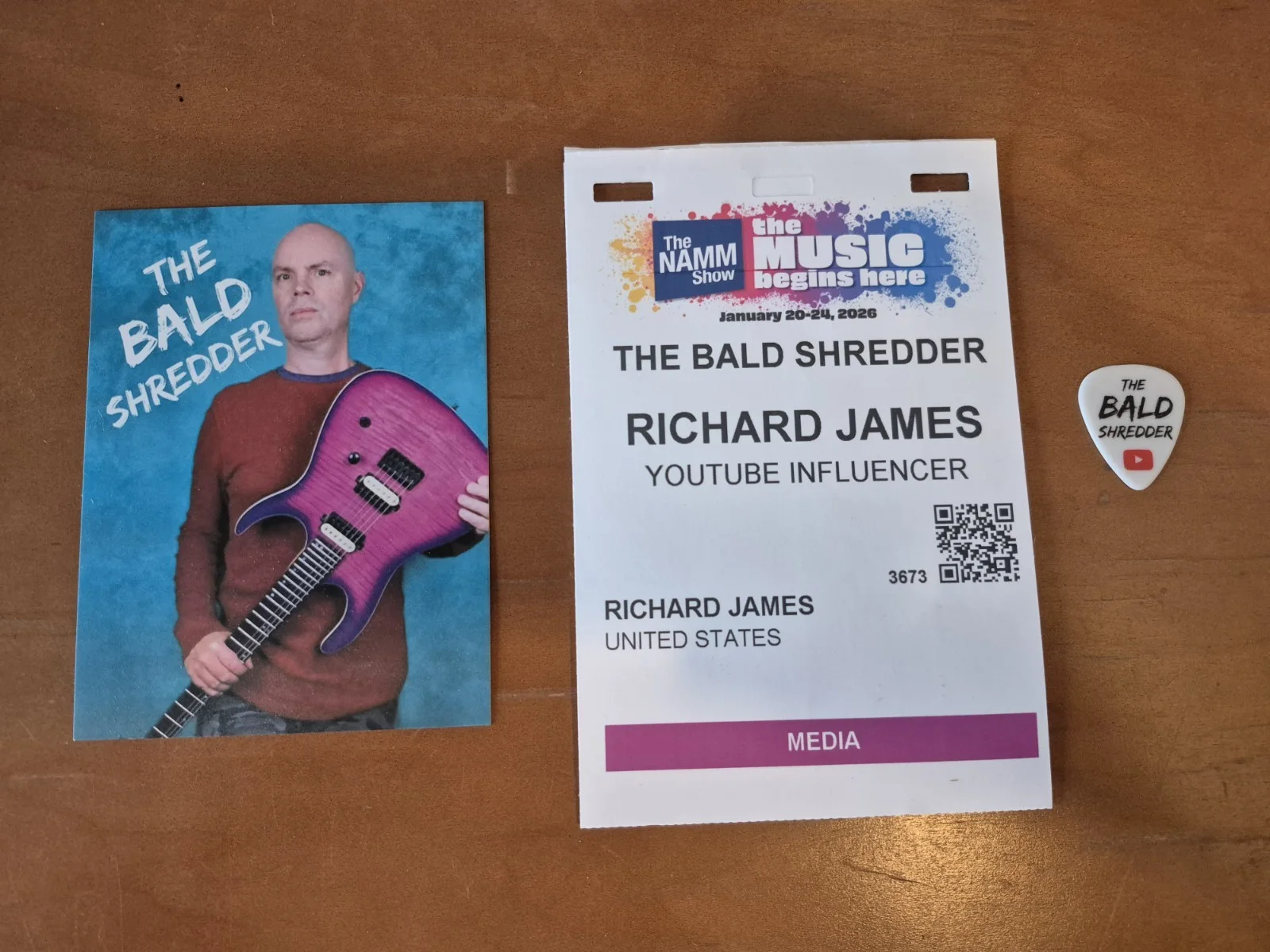 Autographed Bald Shredder NAMM Pass 2026 + Photo Card & Guitar Pick, image 2
