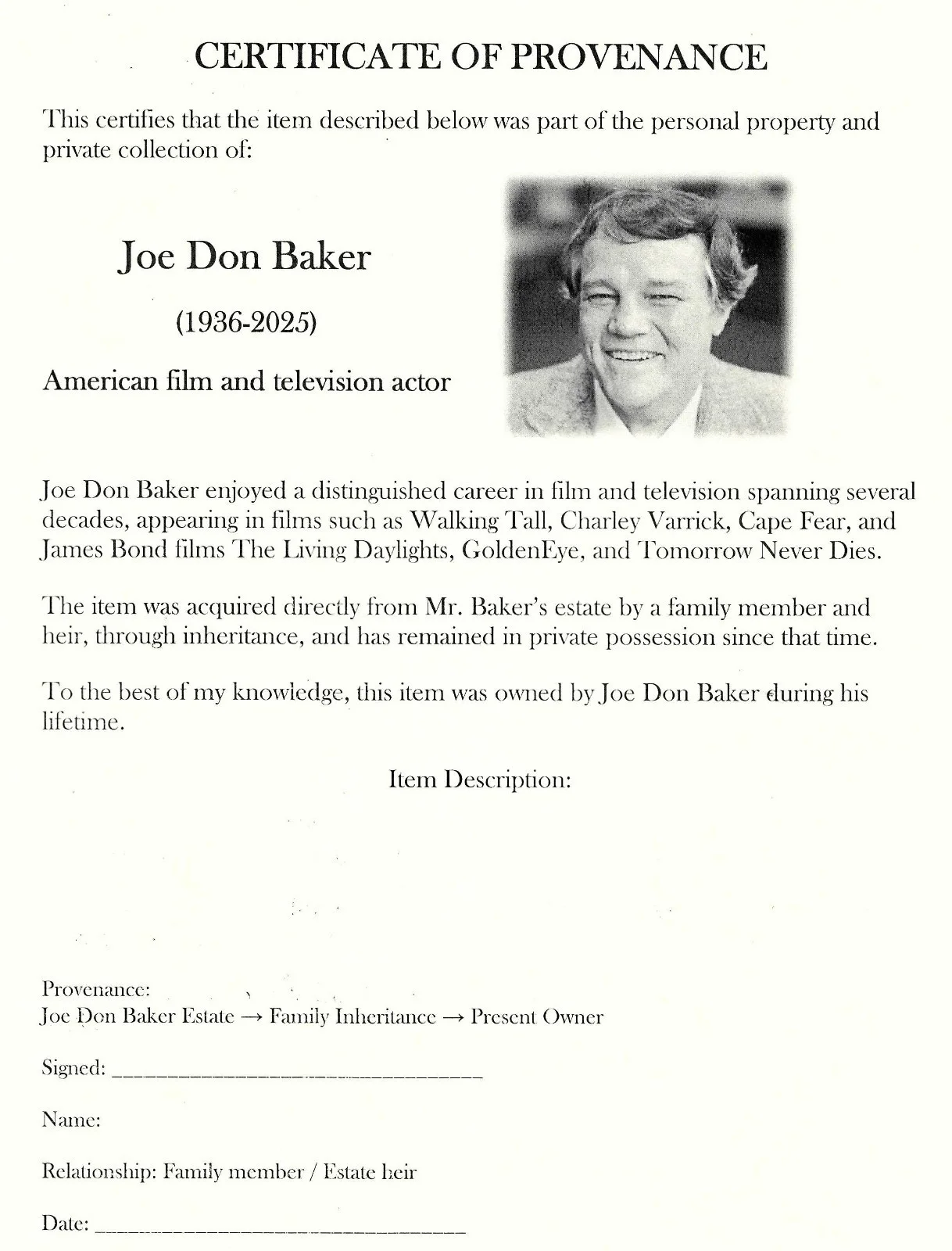 From the Estate of Joe Don Baker, Autograph Card The Living Daylights 007, изображение 3