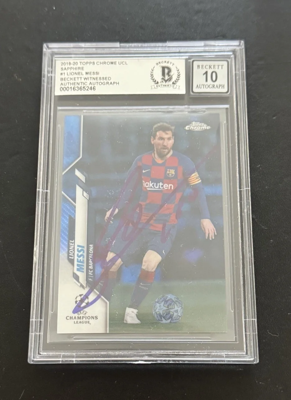 Lionel Messi — LIONEL MESSI SIGNED 2019-20 TOPPS CHROME UCL SAPPHIRE #1 BECKETT BGS AUTO 10