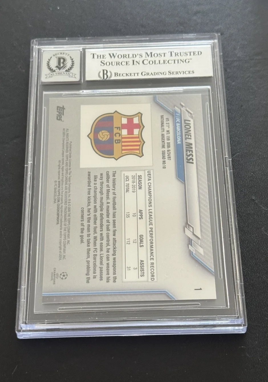 Lionel Messi — LIONEL MESSI SIGNED 2019-20 TOPPS CHROME UCL SAPPHIRE #1 BECKETT BGS AUTO 10, изображение 3