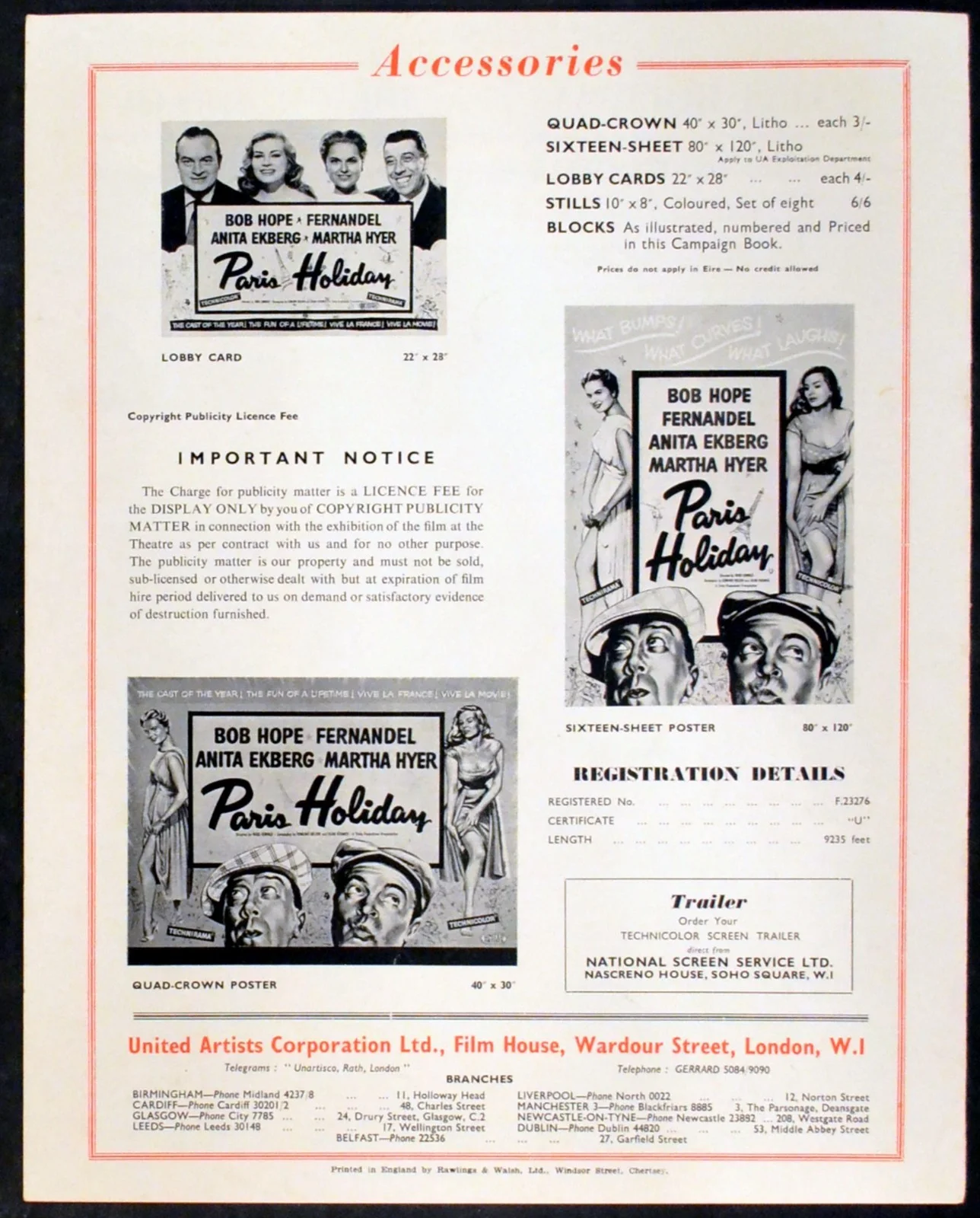 PARIS HOLIDAY 1958 Bob Hope, Fernandel, Anita Ekberg UK CAMPAIGN BOOK, изображение 3