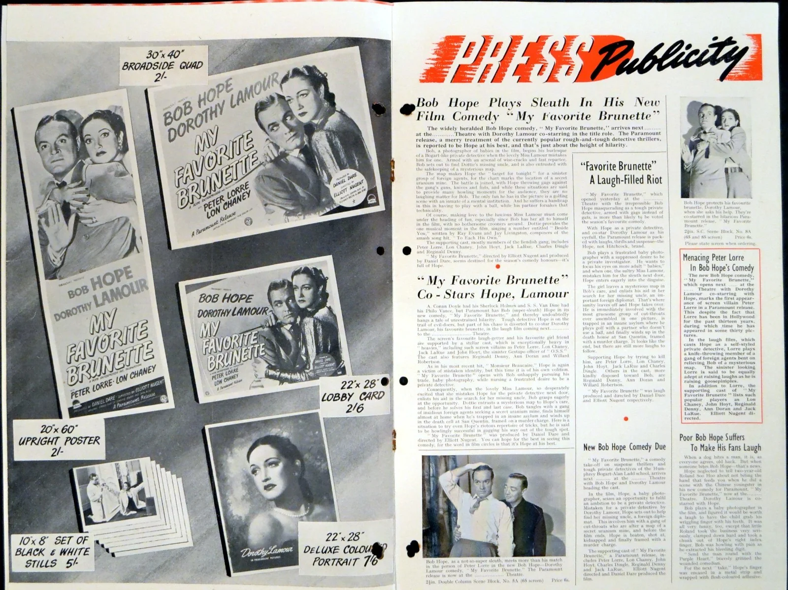 MY FAVORITE BRUNETTE 1947 Bob Hope, Dorothy Lamour, Peter Lorre UK PRESSBOOK, image 2