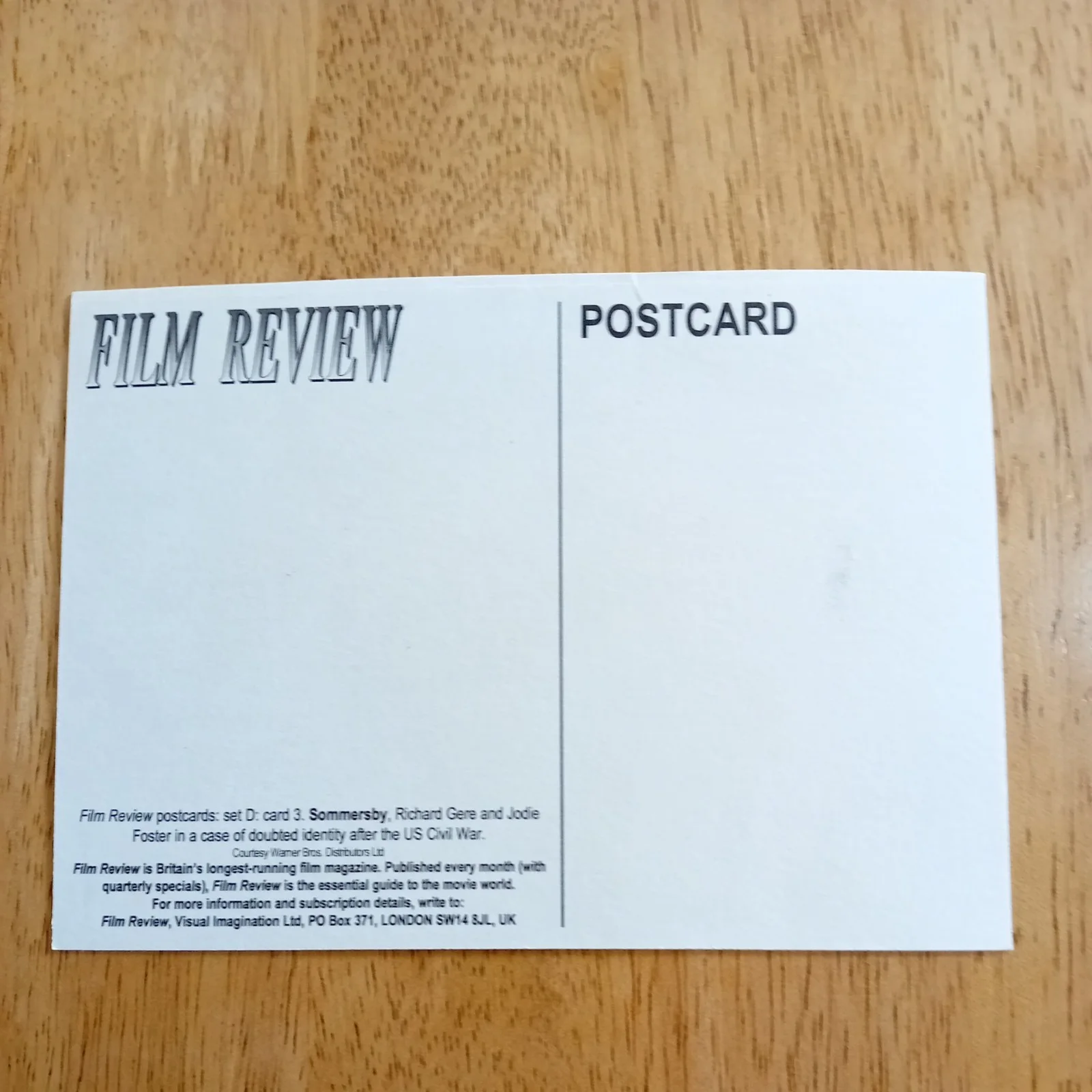 Sommersby. Richard Gere / Jodie Foster. Film Promotional Postcard 1993, изображение 2