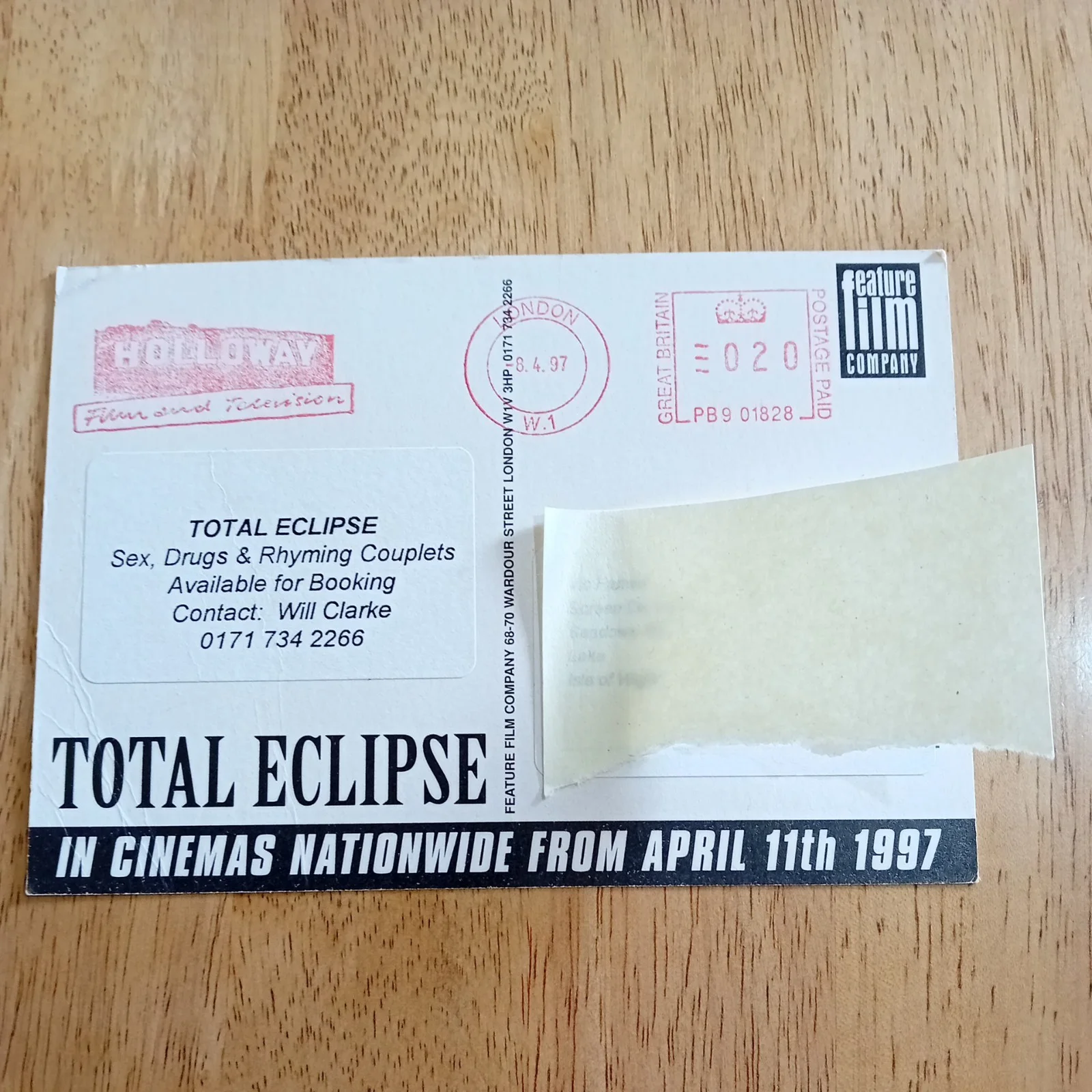 Total Eclipse. Leonardo di Caprio. Film Promotional Postcard 1997, изображение 2