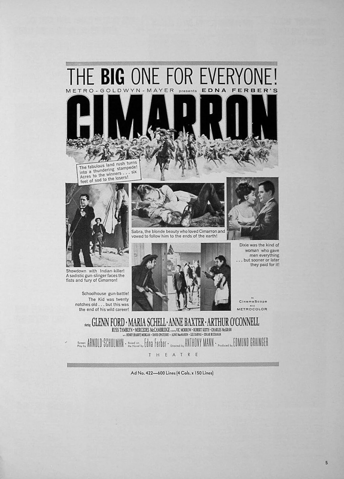 CIMARRON 1960 Glenn Ford, Maria Schell Anne Baxter Arthur O'Connell US PRESSBOOK, изображение 3