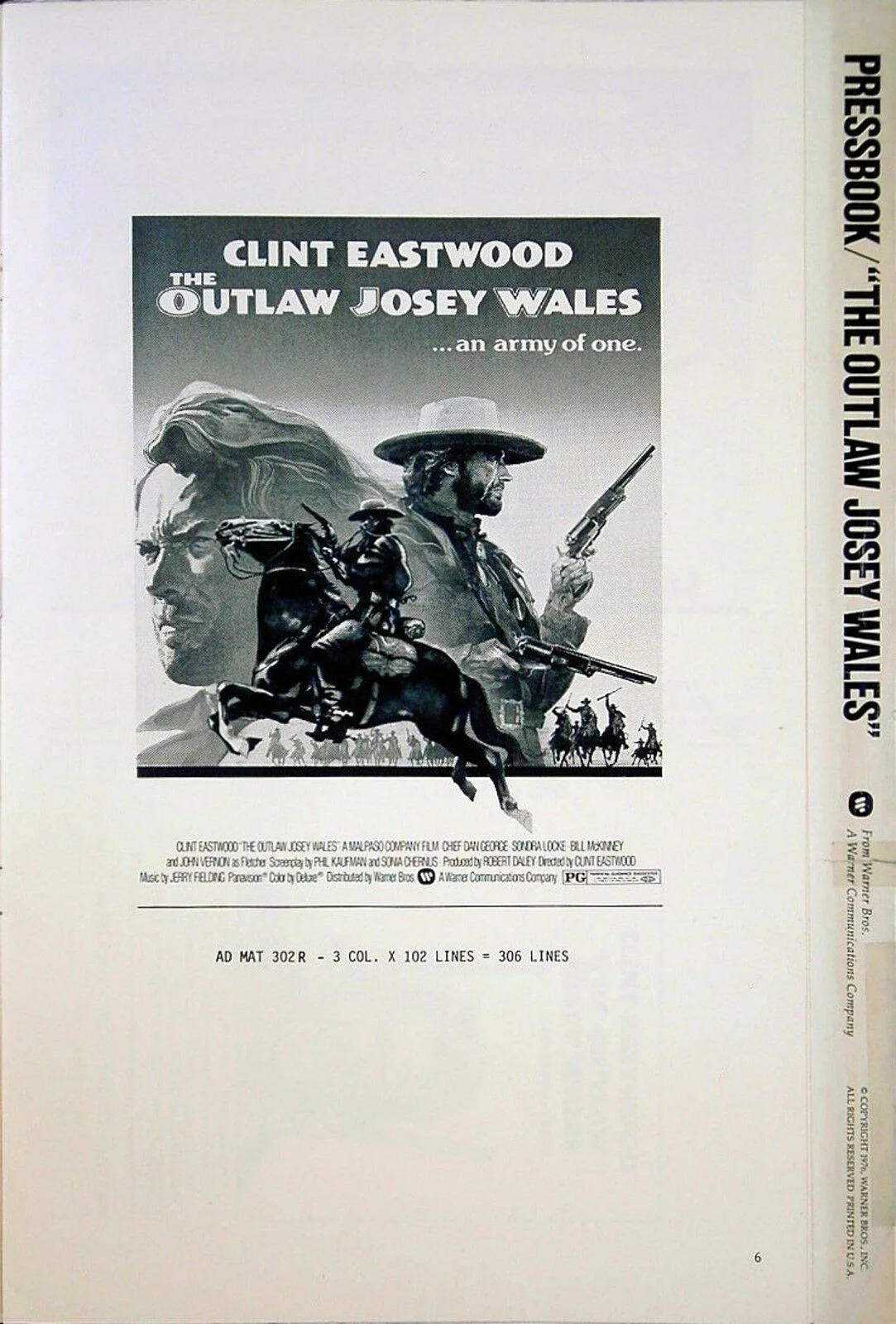 OUTLAW JOSEY WALES 1976 Clint Eastwood Sondra Locke Western US PRESSBOOK, изображение 3