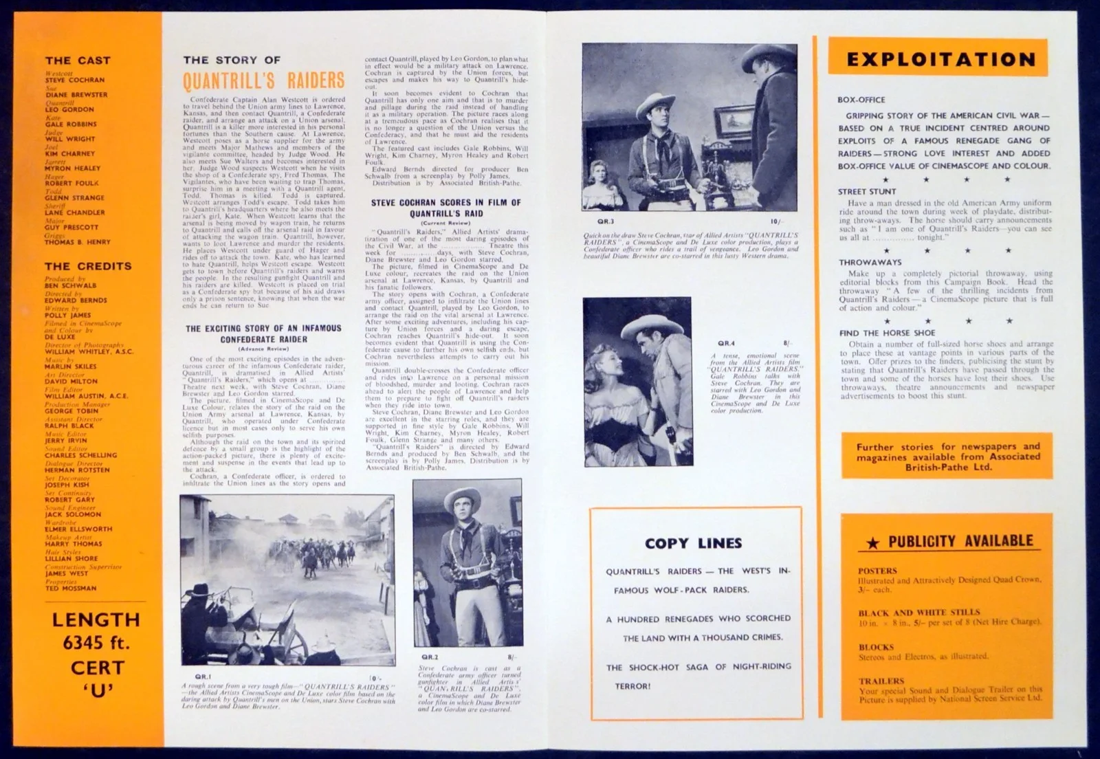 QUANTRILL’S RAIDERS 1958 Steve Cochran, Diane Brewster, Leo Gordon CAMPAIGN BOOK, image 2