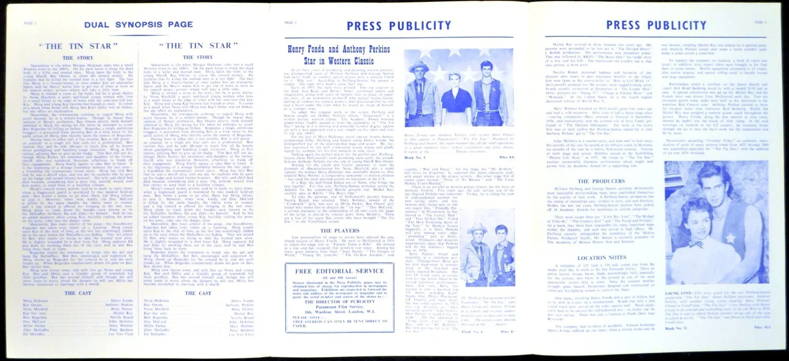 TIN STAR 1957 Henry Fonda, Anthony Perkins, Betsy Palmer UK PRESSBOOK, image 2