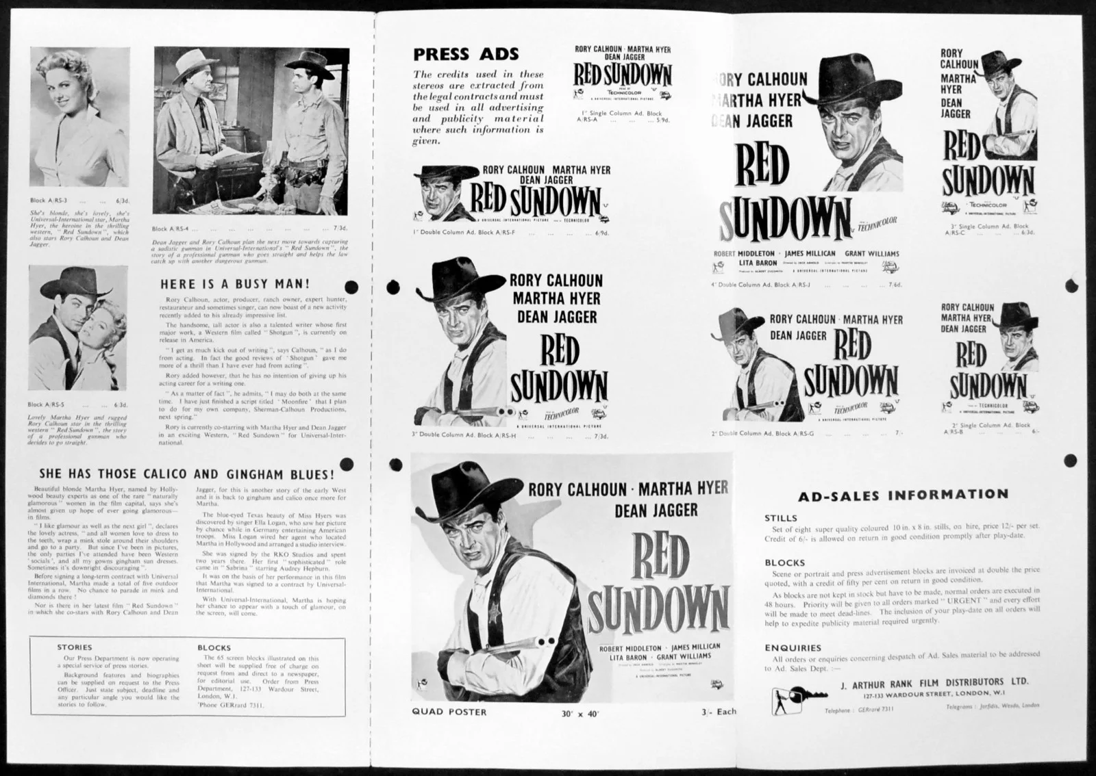 RED SUNDOWN 1956 Rory Calhoun, Martha Hyer, Dean Jagger UK PRESSBOOK, изображение 2