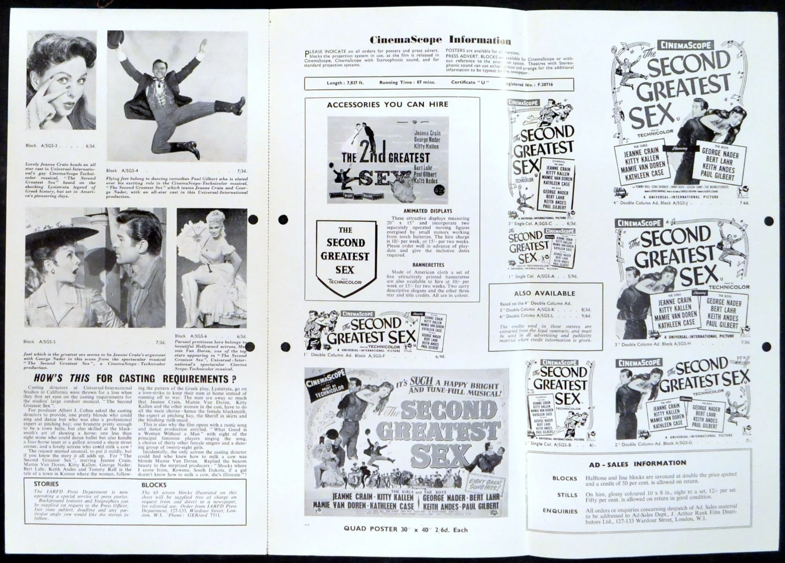 SECOND GREATEST SEX 1955 Jeanne Crain, Mamie Van Doren UK CAMPAIGN BOOK, изображение 2