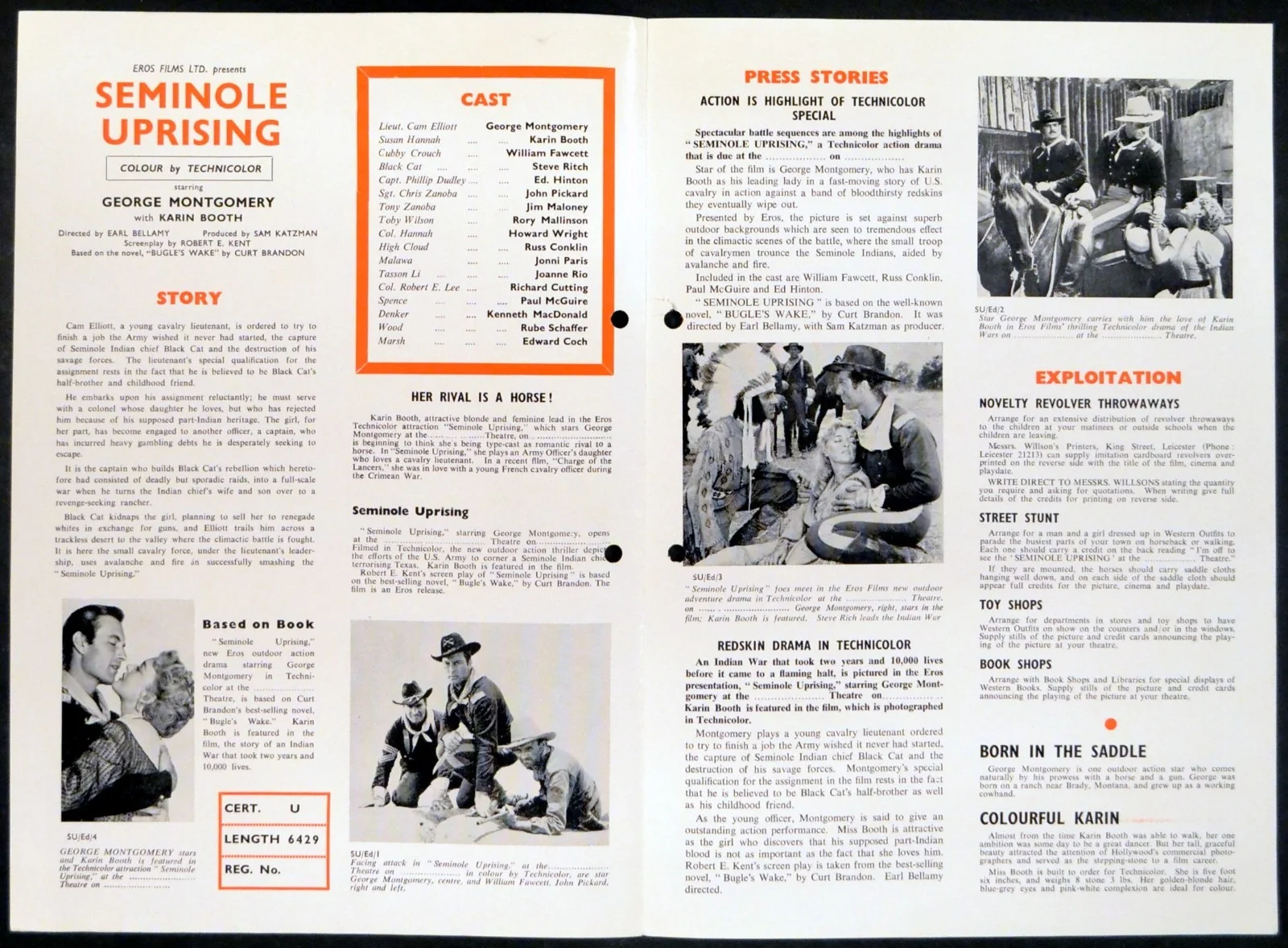SEMINOLE UPRISING 1955 George Montgomery, Karin Booth UK PRESSBOOK, изображение 2