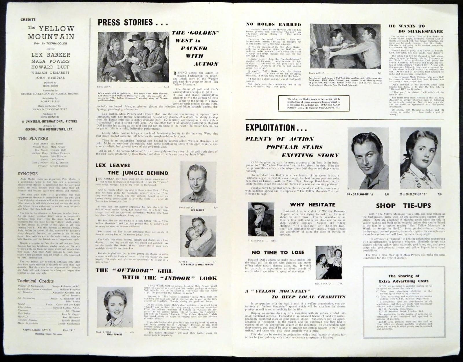 YELLOW MOUNTAIN 1954 Lex Barker, Mala Powers, Howard Duff UK CAMPAIGN BOOK, image 2