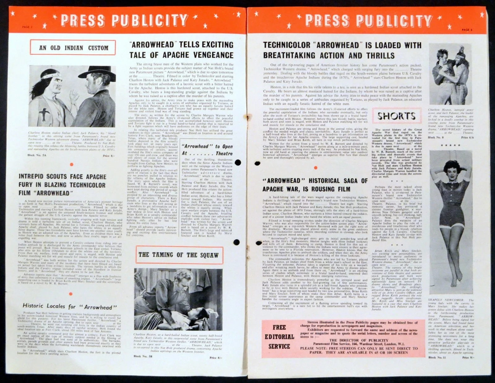 ARROWHEAD 1953 Charlton Heston, Jack Palance, Katy Jurado UK PRESSBOOK, изображение 2
