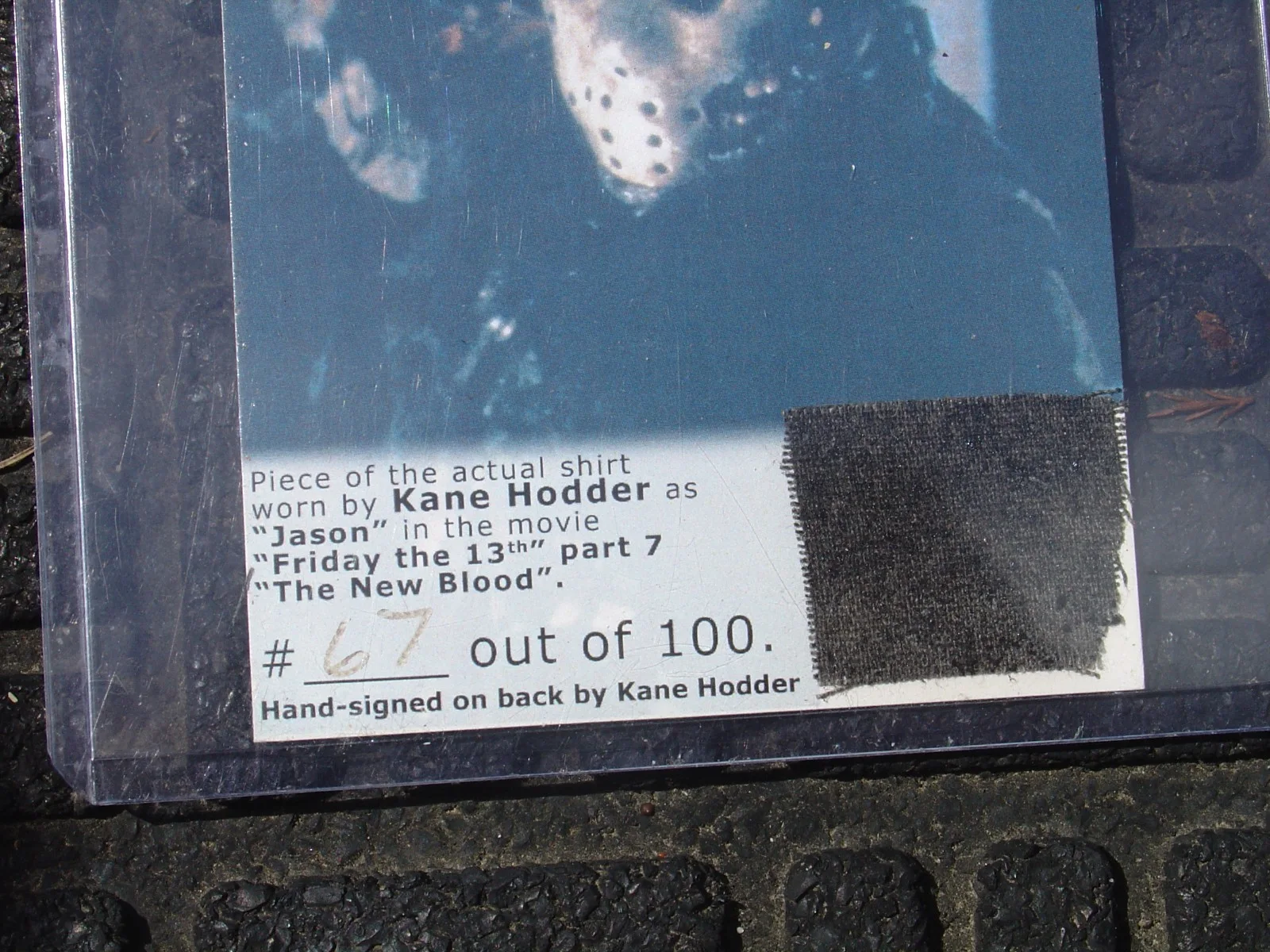 Kane Hodder Signed Friday The 13th part 7 Jason Card w/ Actual Worn Shirt Piece, image 2