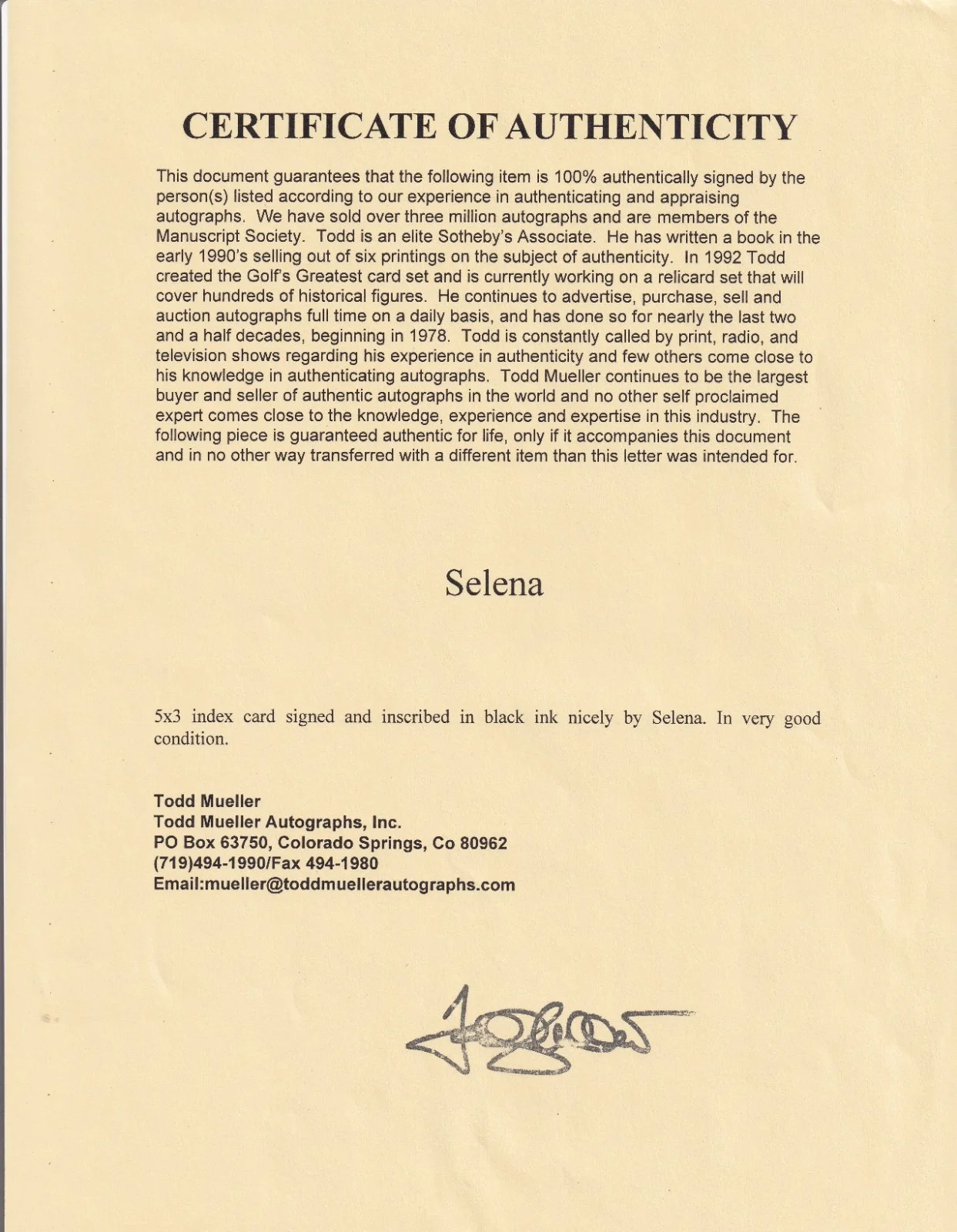 Selena Quintanilla Inscribed & Signed Autograph, image 2