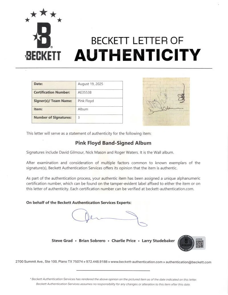 David Gilmour, Nick Mason, Roger Waters — Pink Floyd Signed Autograph The Wall Album Record David Gilmour Waters Mason BAS, изображение 3