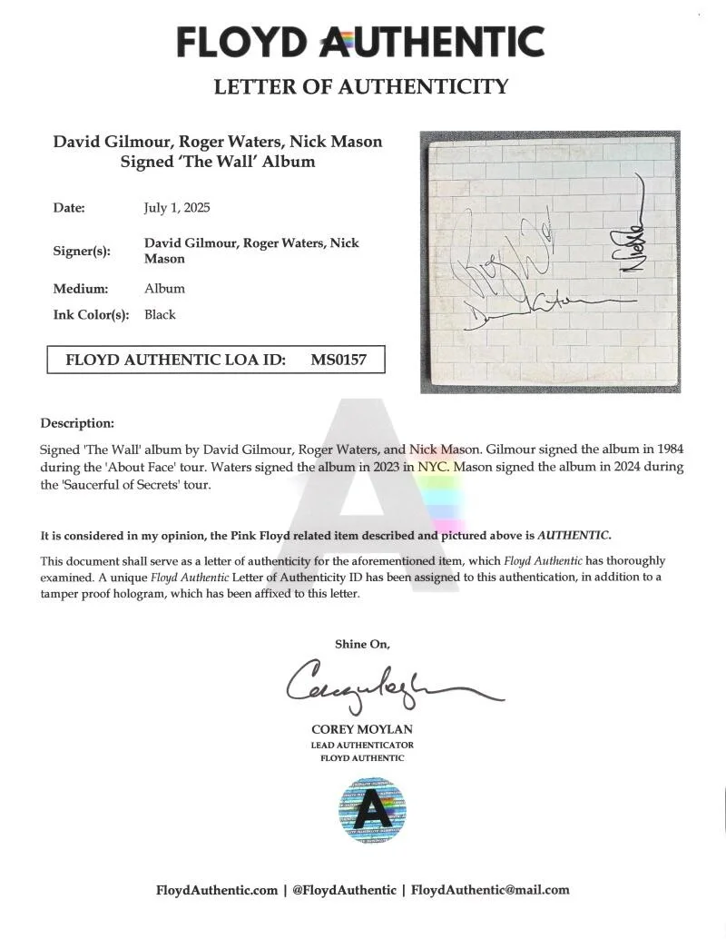 David Gilmour, Nick Mason, Roger Waters — Pink Floyd Signed Autograph The Wall Album Record David Gilmour Waters Mason BAS, изображение 4