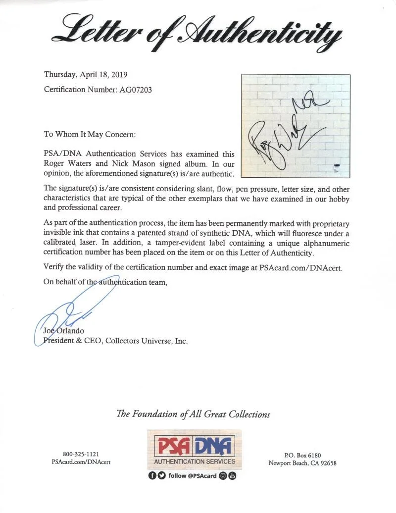 Nick Mason, Roger Waters — Roger Waters & Nick Signed Autograph Pink Floyd The Wall Album Record w/ PSA COA, изображение 4