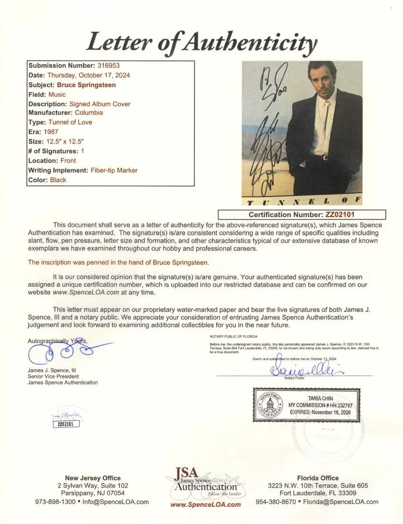 Bruce Springsteen — Bruce Springsteen Signed Autograph Tunnel of Love Album Vinyl Record w/ JSA COA, изображение 3