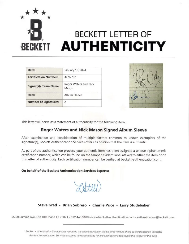 Nick Mason, Roger Waters — Roger Waters +1 Signed Autograph Pink Floyd The Wall Album Record w/ Beckett COA, image 4