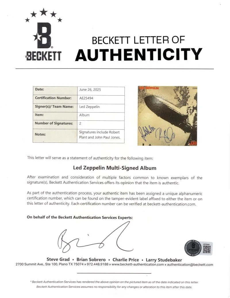 John Paul Jones, Robert Plant — Robert Plant John Paul Jones Signed Autograph Led Zeppelin Album Record Beckett, изображение 3