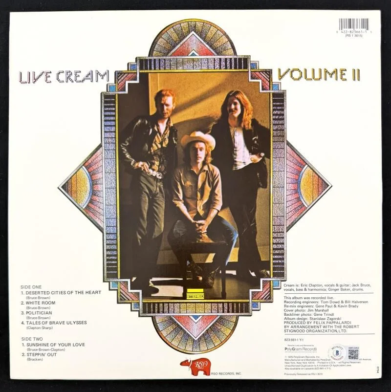Ginger Baker, Jack Bruce, Eric Clapton — Eric Clapton Ginger Baker & Jack Bruce Signed Live Cream Album Record w/ Beckett, изображение 2