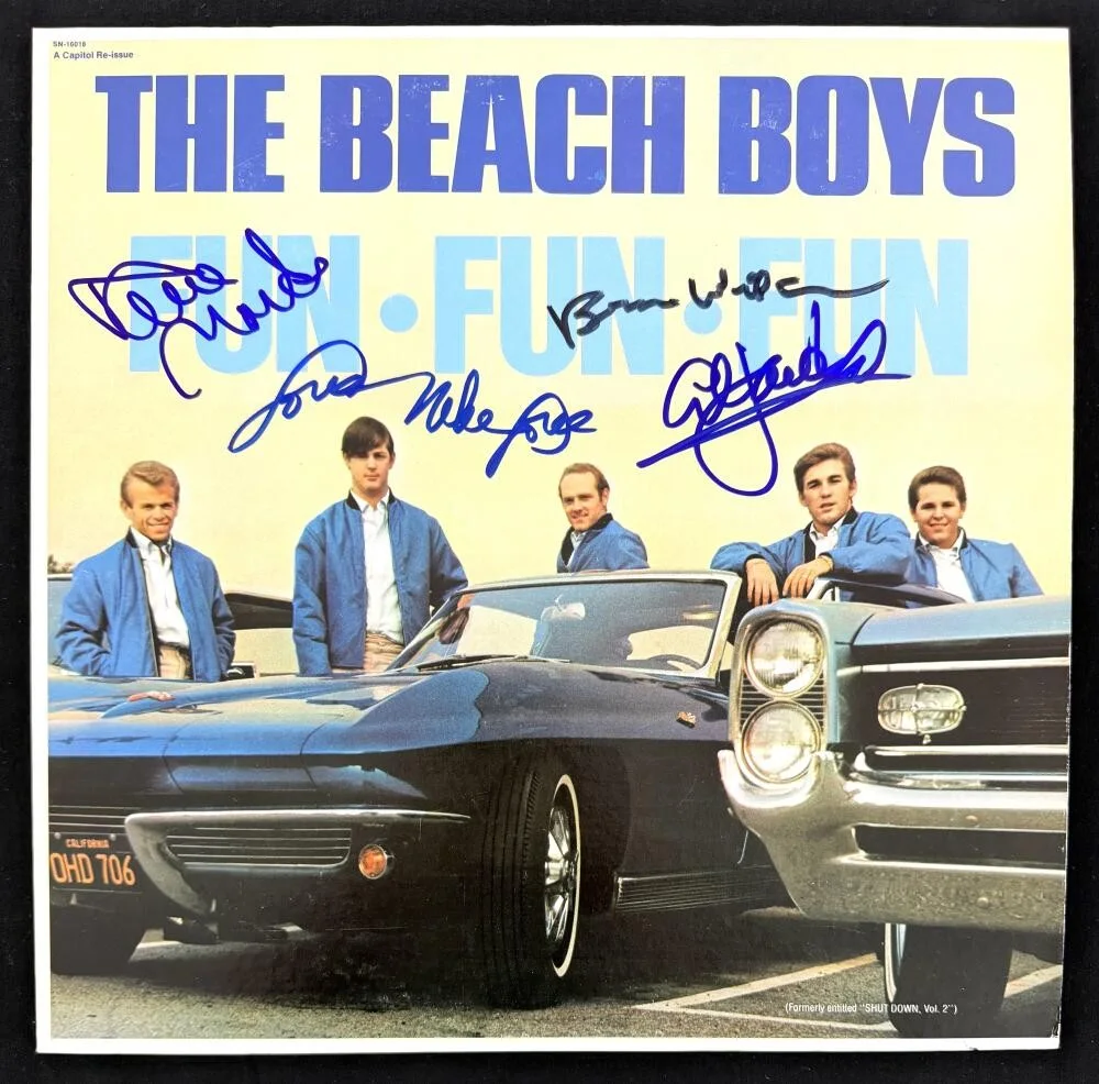 Al Jardine, Mike Love, David Marks, Brian Wilson — Beach Boys Signed Autograph Fun Fun Fun Album Record Brian Wilson +3 Beckett COA