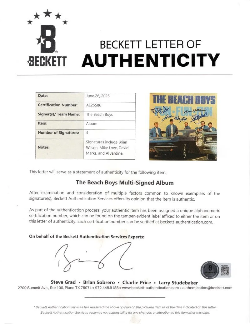 Al Jardine, Mike Love, David Marks, Brian Wilson — Beach Boys Signed Autograph Fun Fun Fun Album Record Brian Wilson +3 Beckett COA, изображение 3