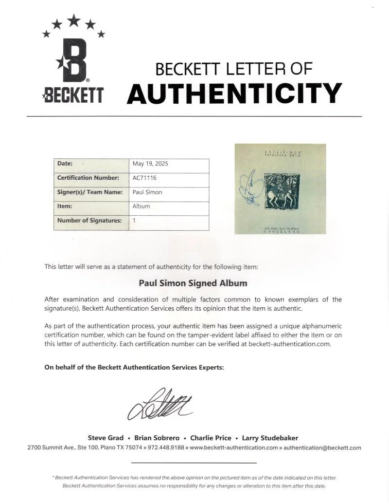 Paul Simon — Paul Simon Signed Autograph Graceland Album Vinyl Record LP w/ Beckett COA, image 4