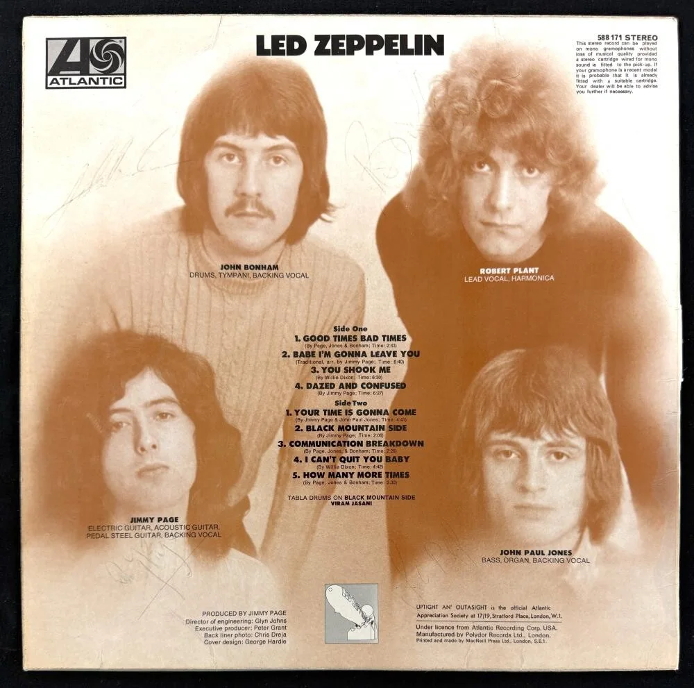 John Bonham, John Paul Jones, Jimmy Page, Robert Plant — Led Zeppelin Full Band Signed Turquoise UK First Press LP John Bonham w/ Beckett