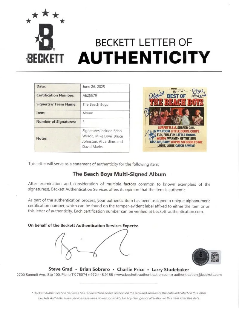 Al Jardine, Bruce Johnston, Mike Love, David Marks, Brian Wilson — Beach Boys Signed Autograph Best Of Album Record Brian Wilson +4 w/ Beckett COA, изображение 3