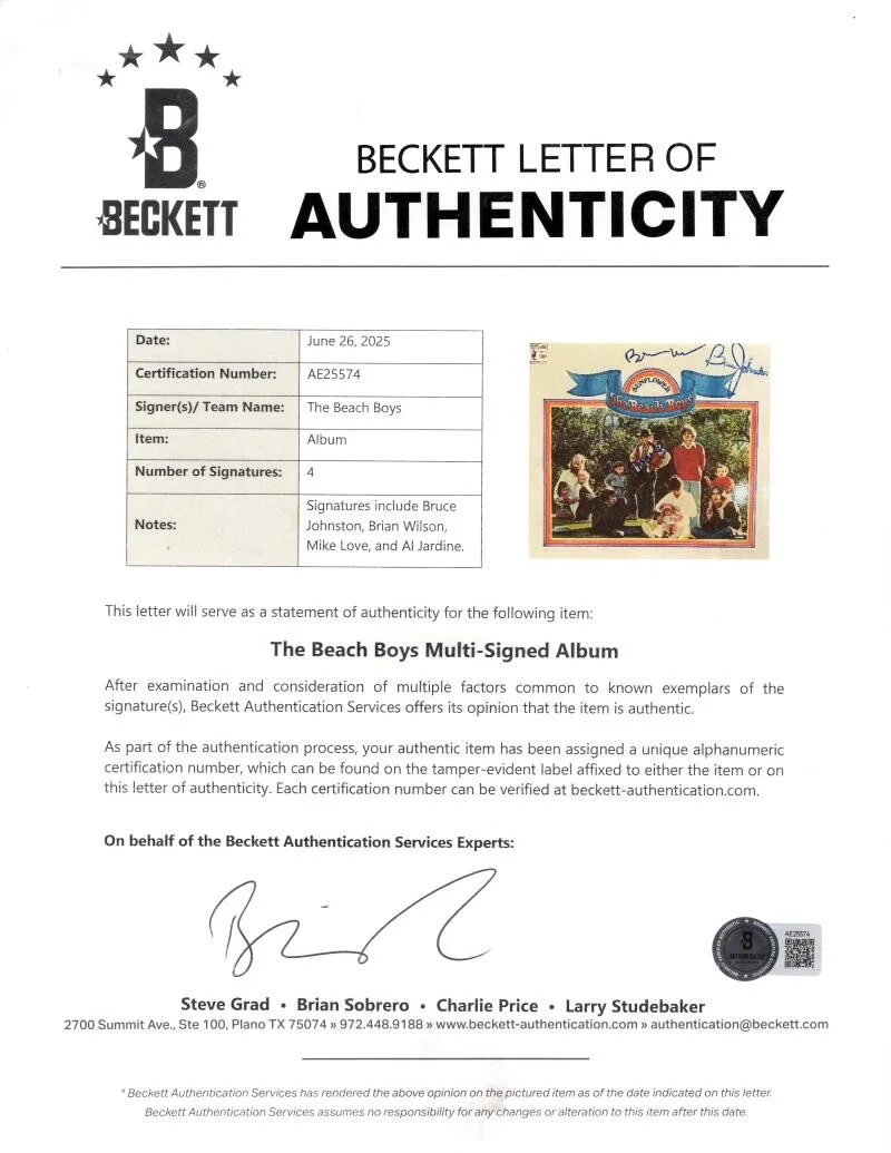 Al Jardine, Bruce Johnston, Mike Love, Brian Wilson — Beach Boys Signed Autograph Sunflower Album Record Brian Wilson +3 - Beckett COA, изображение 3