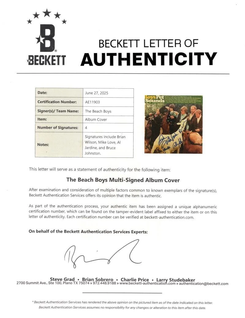 Al Jardine, Bruce Johnston, Mike Love, Brian Wilson — Beach Boys Signed Autograph Pet Sounds Album Record Brian Wilson +3 Beckett COA, изображение 4