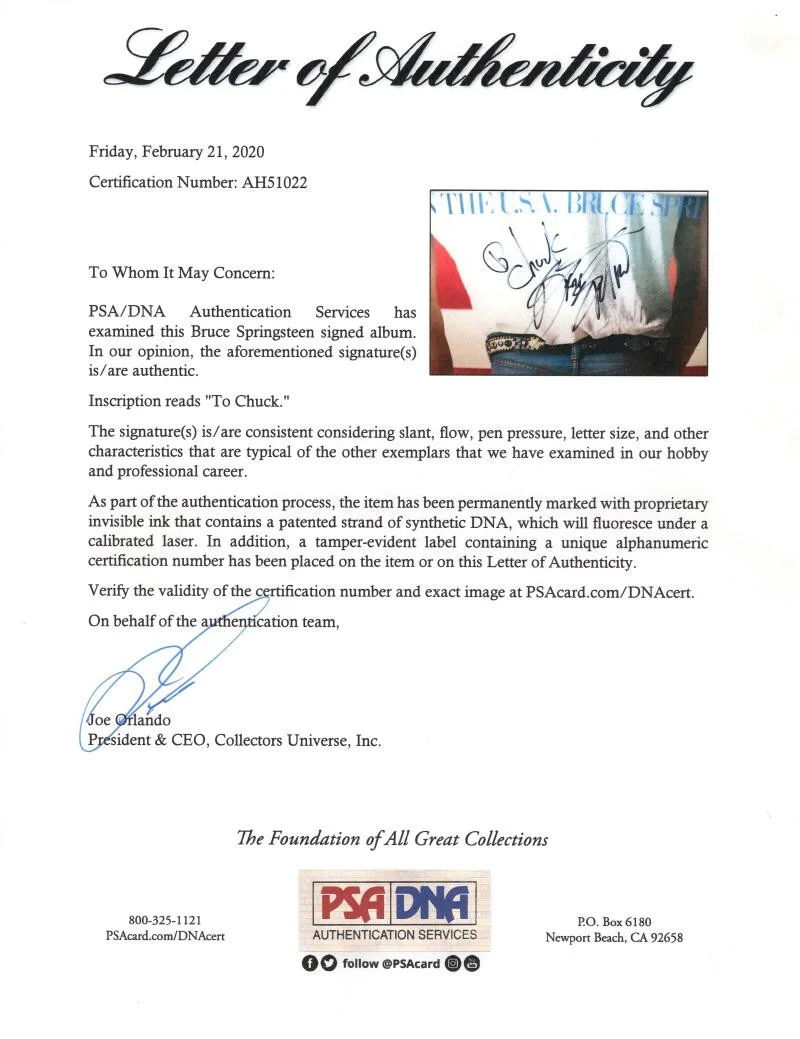 Bruce Springsteen — Bruce Springsteen Signed Autograph Born in the USA Album Record - To Chuck PSA, изображение 4