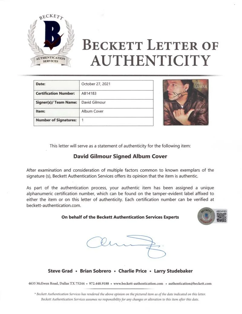 David Gilmour — David Gilmour Pink Floyd Signed Autograph About Face Album Vinyl Record BAS COA, image 3