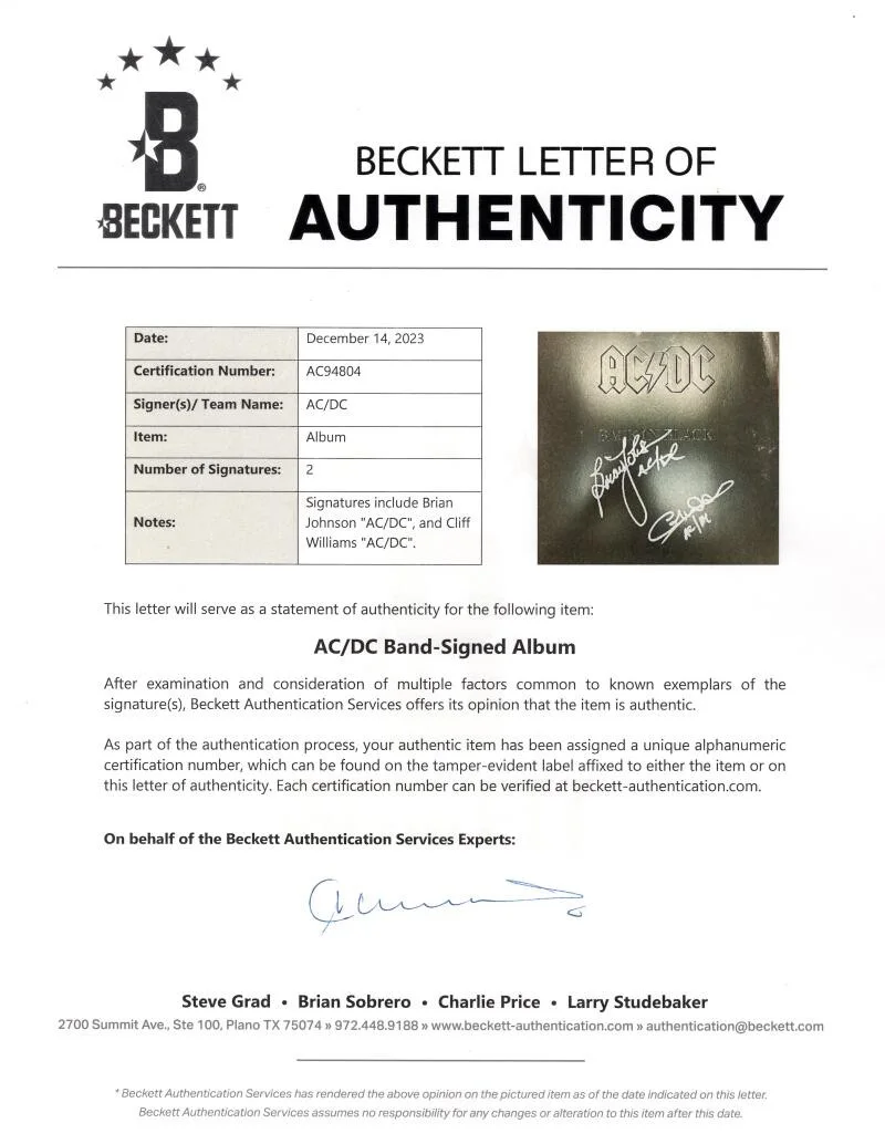 Brian Johnson, Cliff Williams — Brian Johnson & Cliff Williams Signed Autograph AC/DC Album Record - Beckett COA, изображение 4