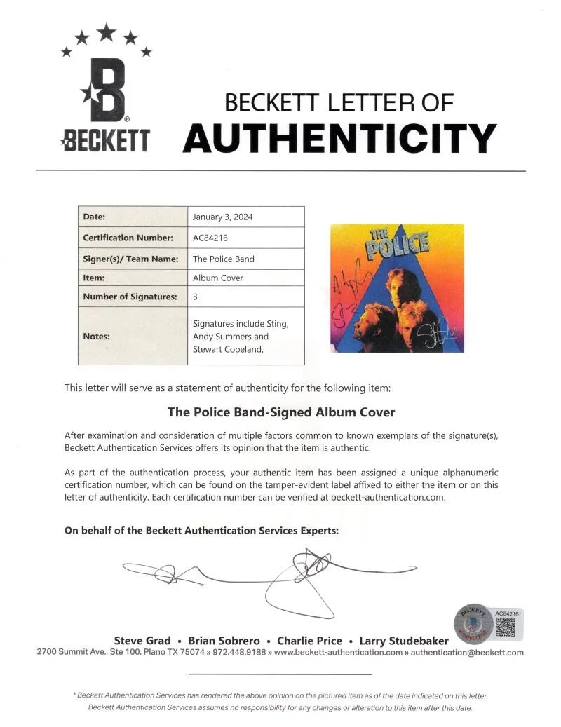 Stewart Copeland, Sting, Andy Summers — The Police Signed Autograph Zenyatta Mondatta Album Record Sting +2 Beckett COA, изображение 3
