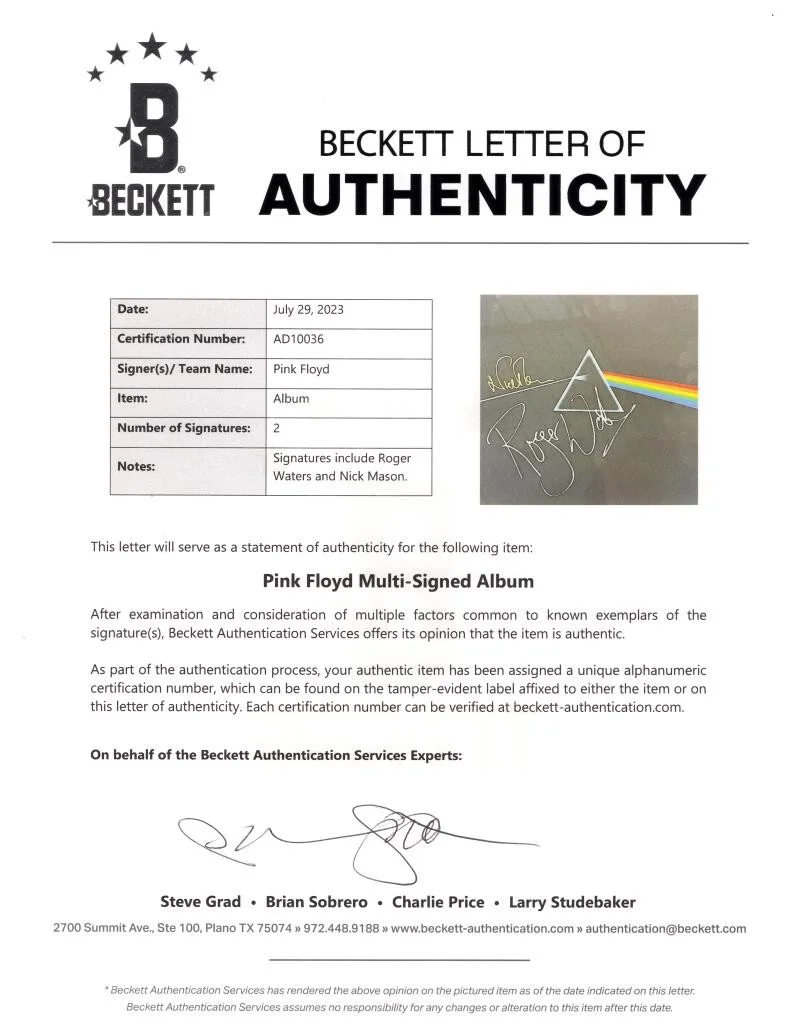 Nick Mason, Roger Waters — Roger Waters & Mason Signed Autograph Dark Side of the Moon Album Record Beckett, изображение 4