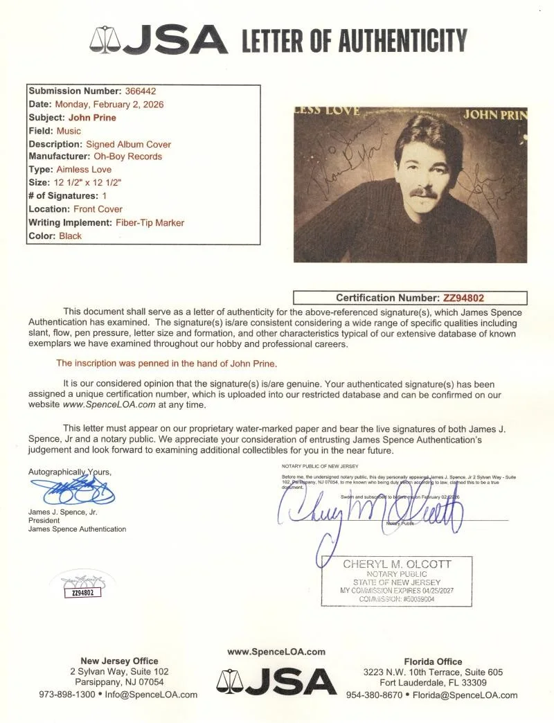 John Prine — John Prine Signed Autograph Aimless Love Album Vinyl Record LP w/ JSA COA, image 3