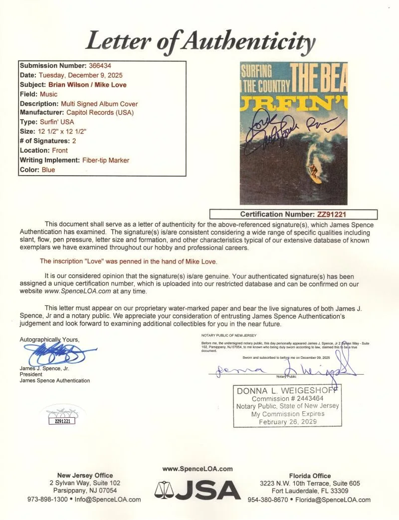 Mike Love, Brian Wilson — Brian Wilson & Mike Love Signed Autograph Beach Boys Surfin USA Album Record JSA, изображение 3