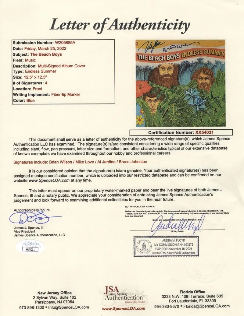 Al Jardine, Bruce Johnston, Mike Love, Brian Wilson — The Beach Boys Signed Autograph Endless Summer Album Record Brian Wilson +3 JSA, изображение 3
