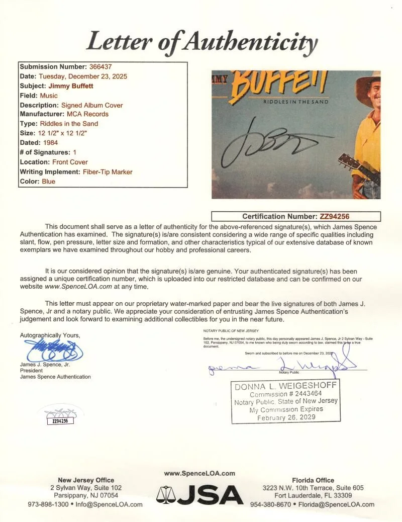 Jimmy Buffett — Jimmy Buffett Signed Autograph Riddles in the Sand Album Vinyl Record w/ JSA COA, image 3