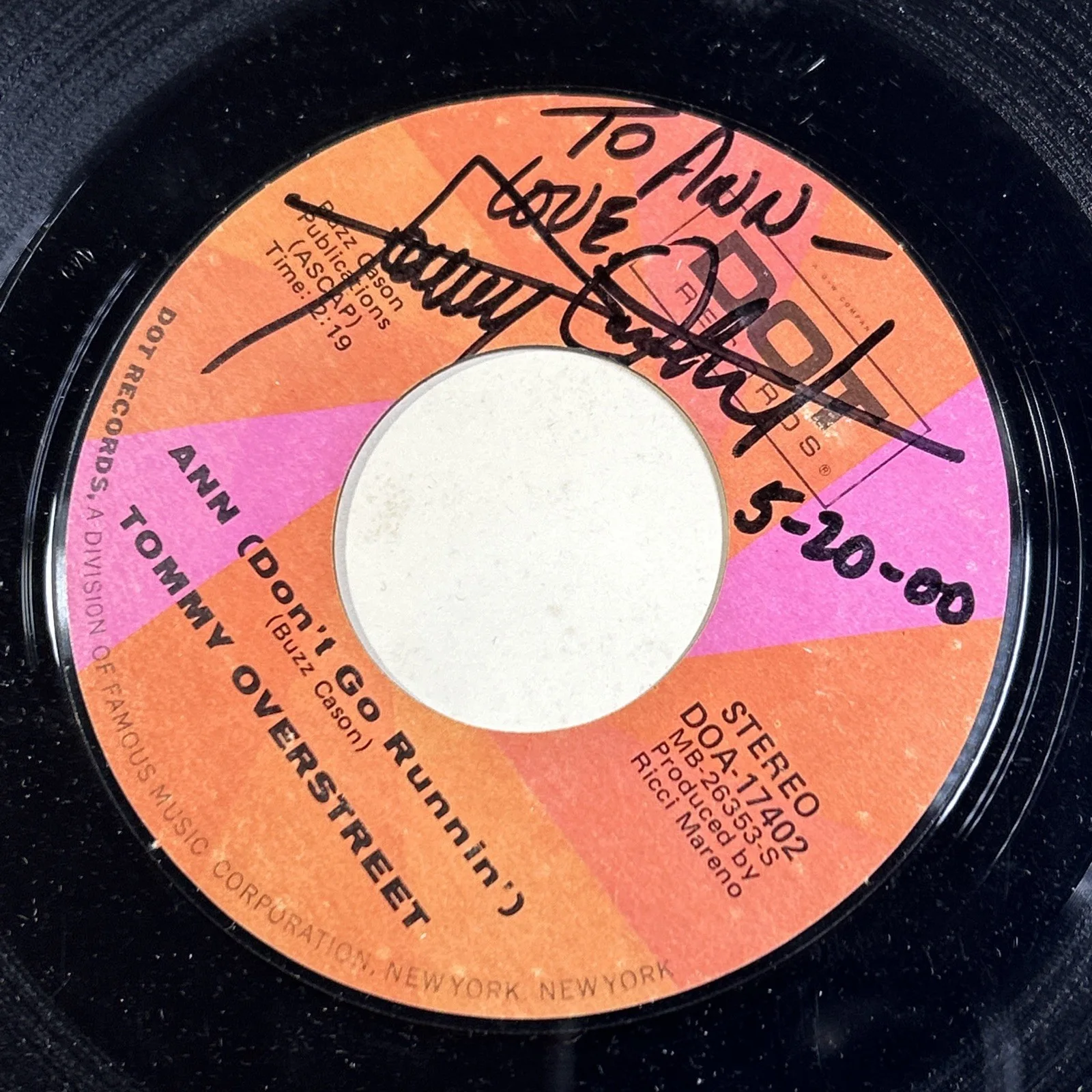 Tommy Overstreet 45 Artist signed Ann (don’t Go Runnin’) Dot Records, image 2