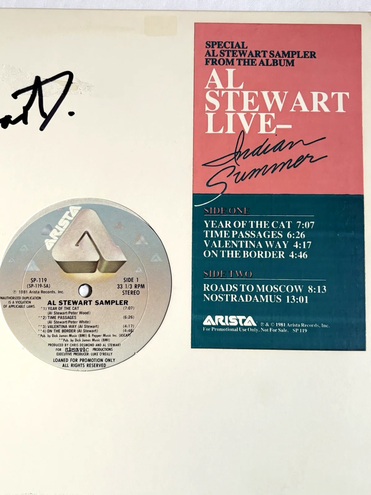 AL STEWART Signed RARE INDIAN SUMMER LIVE LP Vinyl Album PSA DNA COA Year Of Cat, изображение 3