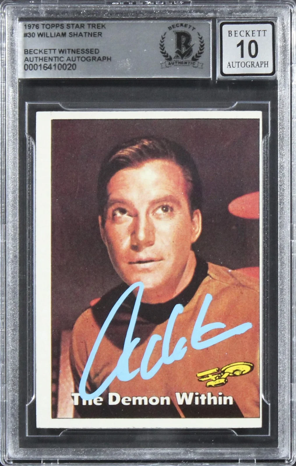 William Shatner — William Shatner Signed 1976 Topps Star Trek #30 Card Auto Grade 10! BAS Slabbed, изображение 4