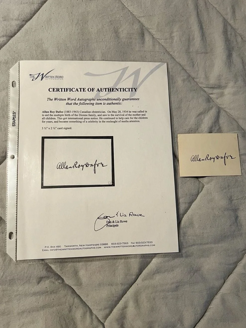Dr. Allan Roy Dafoe — Dr. Allan Roy Dafoe Hand Signed 2.5x3.5 Autograph Card with COA, image 2