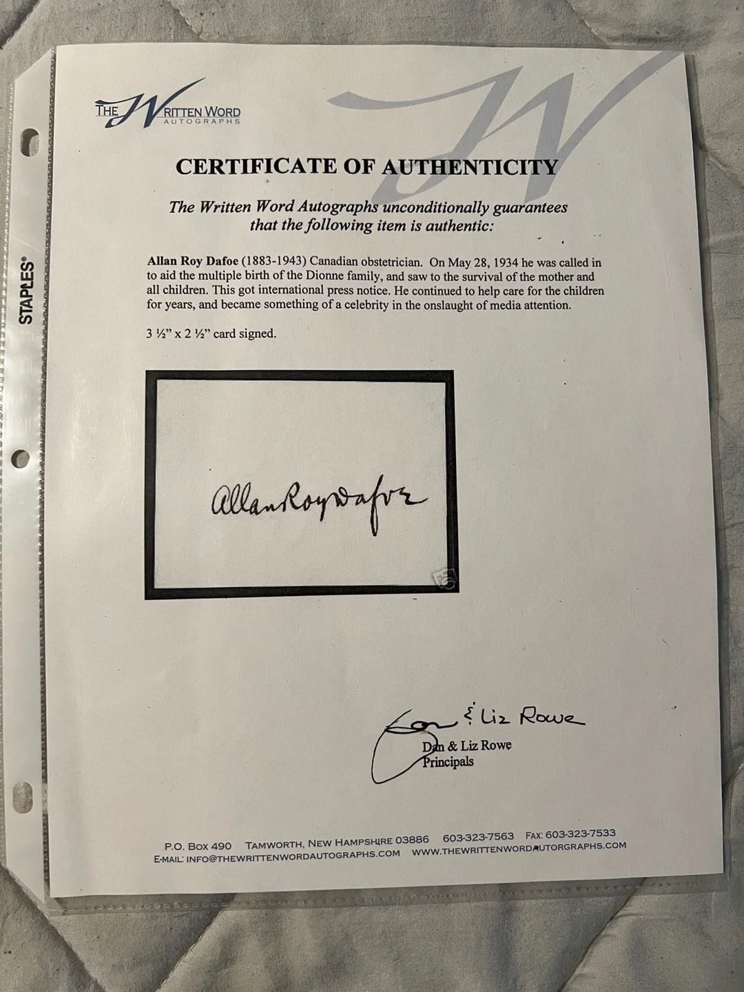 Dr. Allan Roy Dafoe — Dr. Allan Roy Dafoe Hand Signed 2.5x3.5 Autograph Card with COA, image 3