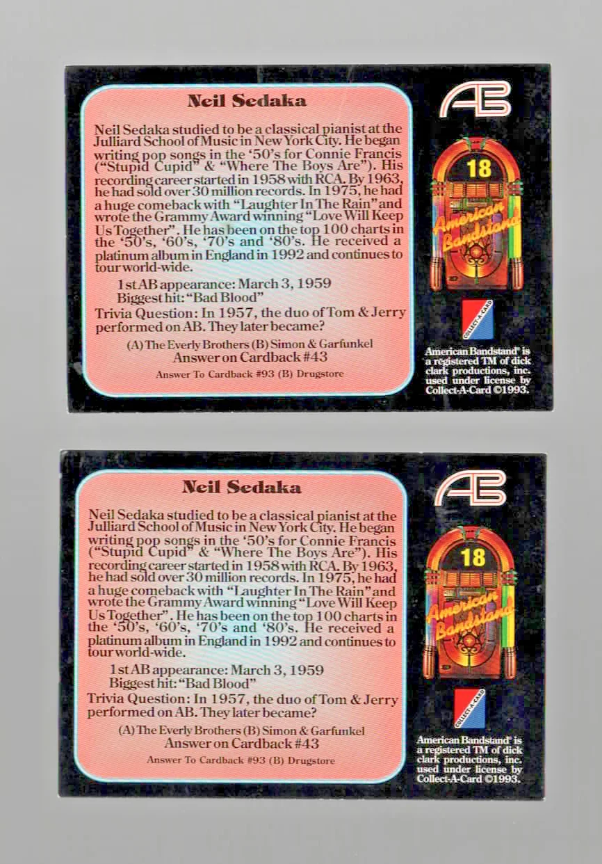 Neil Sedaka signed 2 Card Lot 1993 American Bandstand NICE Hologram COA's READ, изображение 2